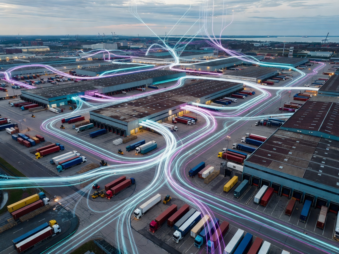 Abstract routing map overlaying a European logistics hub