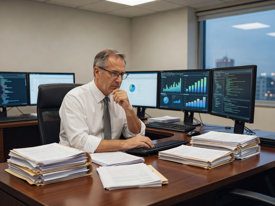 Auditor reviewing digital and physical compliance documents in an office setting