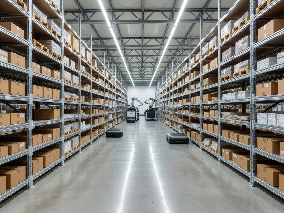 Clean, organized aisles of a modern pharmaceutical logistics facility