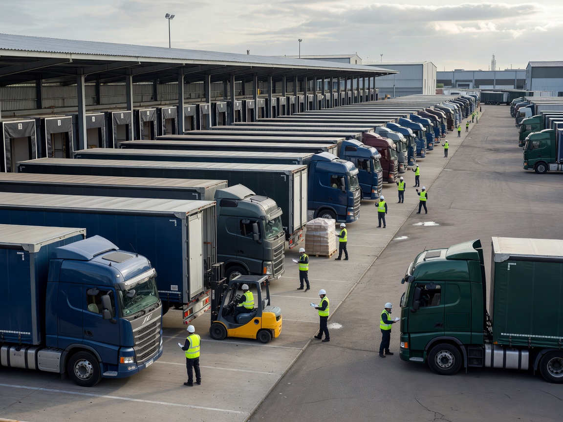 Fleet of logistics transport trucks staged at a loading bay