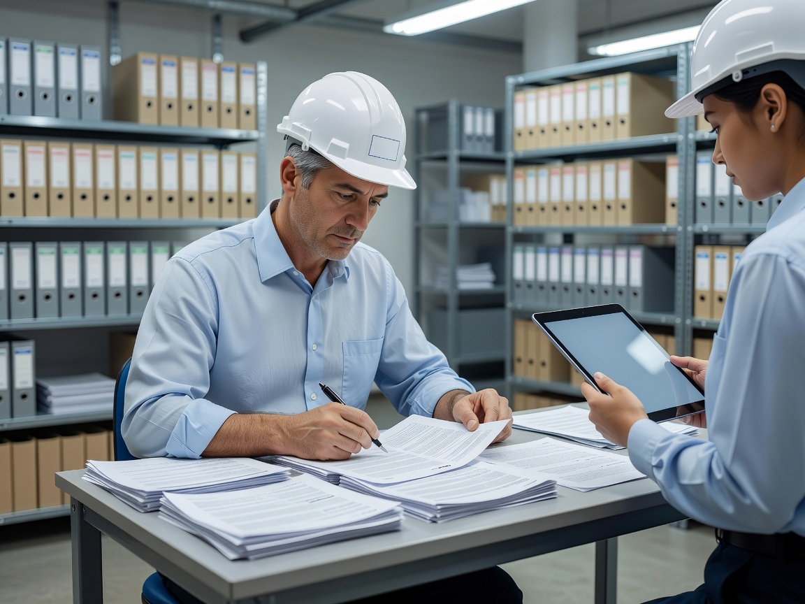 Quality control personnel reviewing compliance documentation