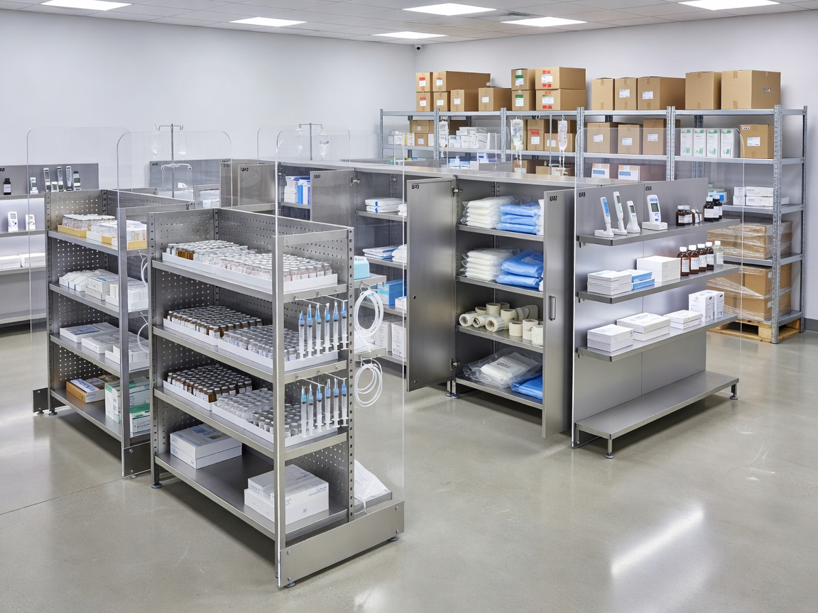 View of separated storage zones for different medical products