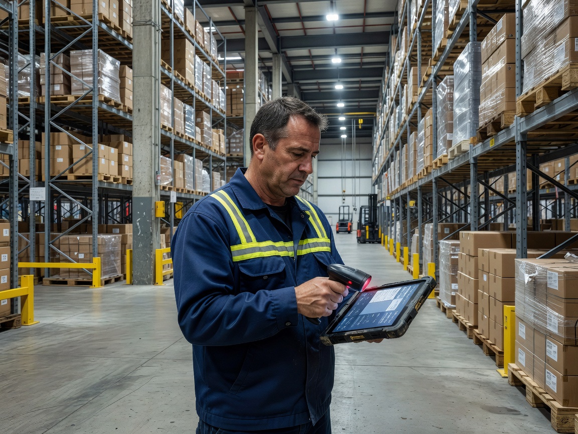 Warehouse worker operating a digital inventory tablet and scanner